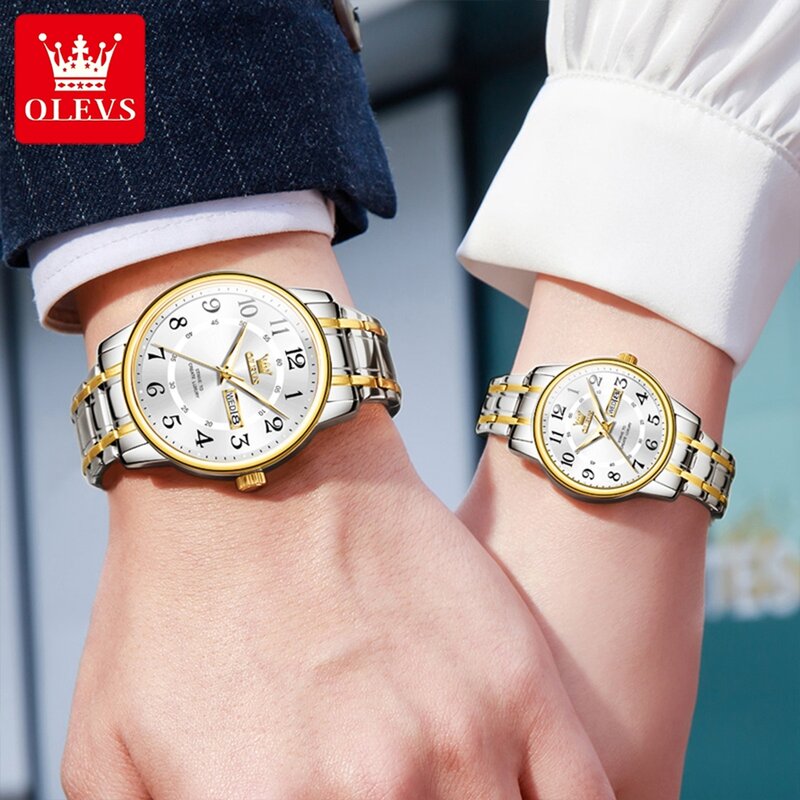 OLEVS 브랜드 패션 커플 쿼츠 시계, 남녀 스테인레스 스틸 방수 야광 주간 날짜 럭셔리 연인 시계
