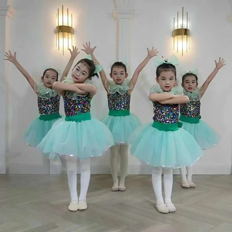 Новый выпуск, Осветляющий костюм для выступлений будущего для девочек, сверкающее Тюлевое платье для представлений в детском саду, джазовых танцев