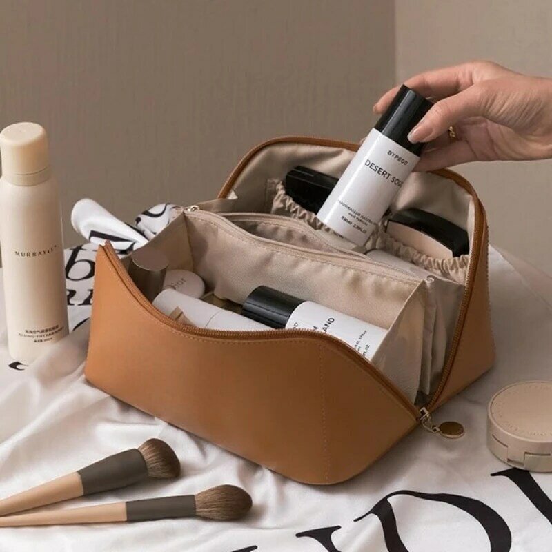 Bolsa cosmética de viagem de couro para mulheres, organizador de maquiagem, bolsa de higiene pessoal feminina estojo cosmético de alta capacidade