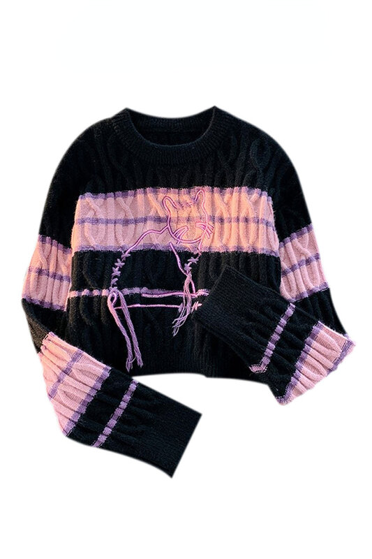 Sweater Kpop Fairycore lengan panjang, sweater pullover bergaris-garis warna kontras kasual 2000-s untuk wanita
