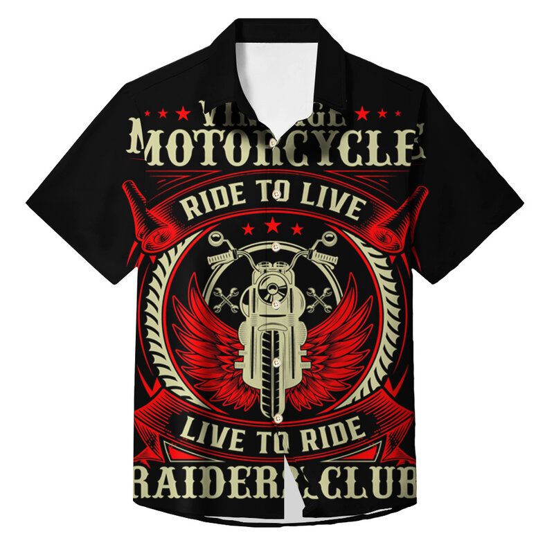 Camisa masculina de manga curta vintage, padrões de motocicleta 3D, tops casuais de botão, roupas plus size soltas, verão, nova