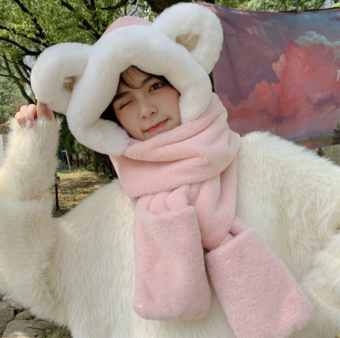 Beruang Topi Bulu Imitasi Musim Dingin Wanita Mode Perdagangan Luar Negeri Lintas Batas Hangat Musim Gugur Topi Mewah Syal Sarung Tangan Integrasi Khaki