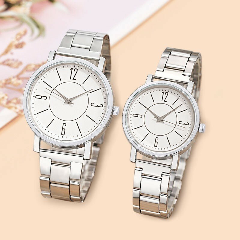 นาฬิกาข้อมือควอตซ์แฟชั่น Jam Tangan pasangan เรียบง่ายสำหรับผู้ชายผู้หญิงนาฬิกาสายรัดเหล็กดิจิตอลหน้าปัดกลมสำหรับเป็นของขวัญ