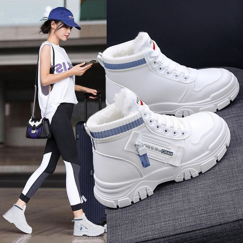 Zapatillas de deporte con plataforma de felpa para mujer, zapatos informales de alta calidad, botines versátiles de cuero a la moda, 2023