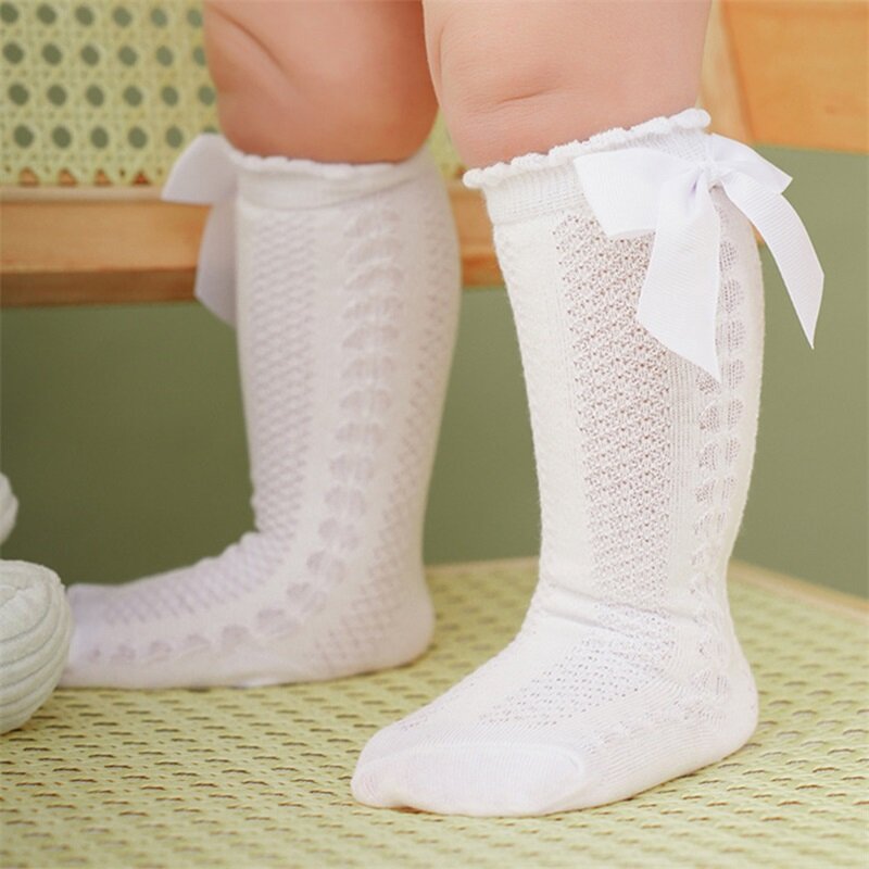 Calcetines largos de malla para niña pequeña, medias informales de Color sólido con lazo bonito, Princesa, primavera y verano