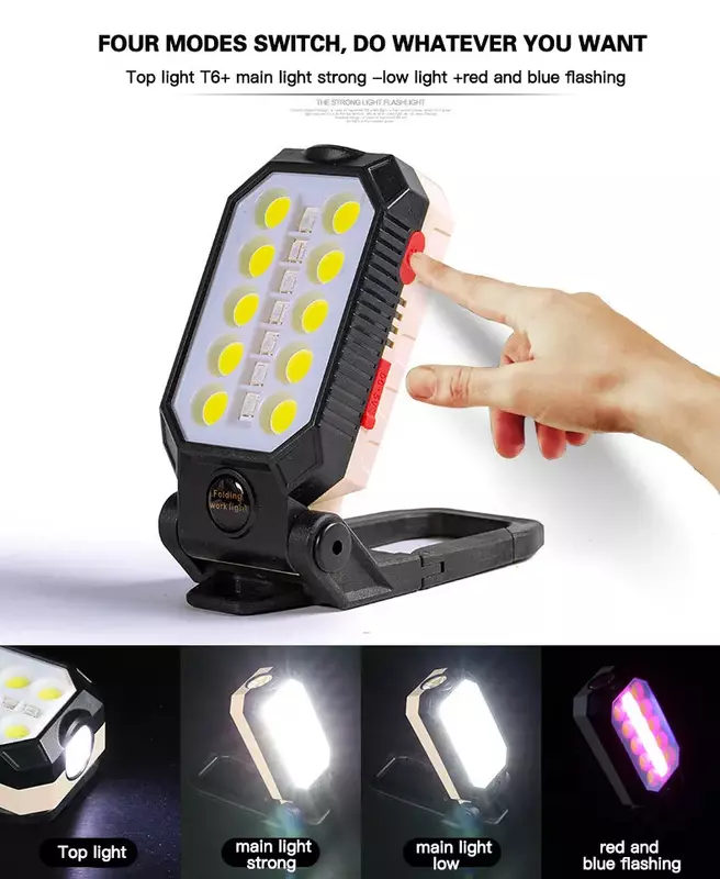 Lampe de travail magnétique de bain aste par USB, lampe de poche pliable portable, LED COB, étanche, affichage de puissance, camping