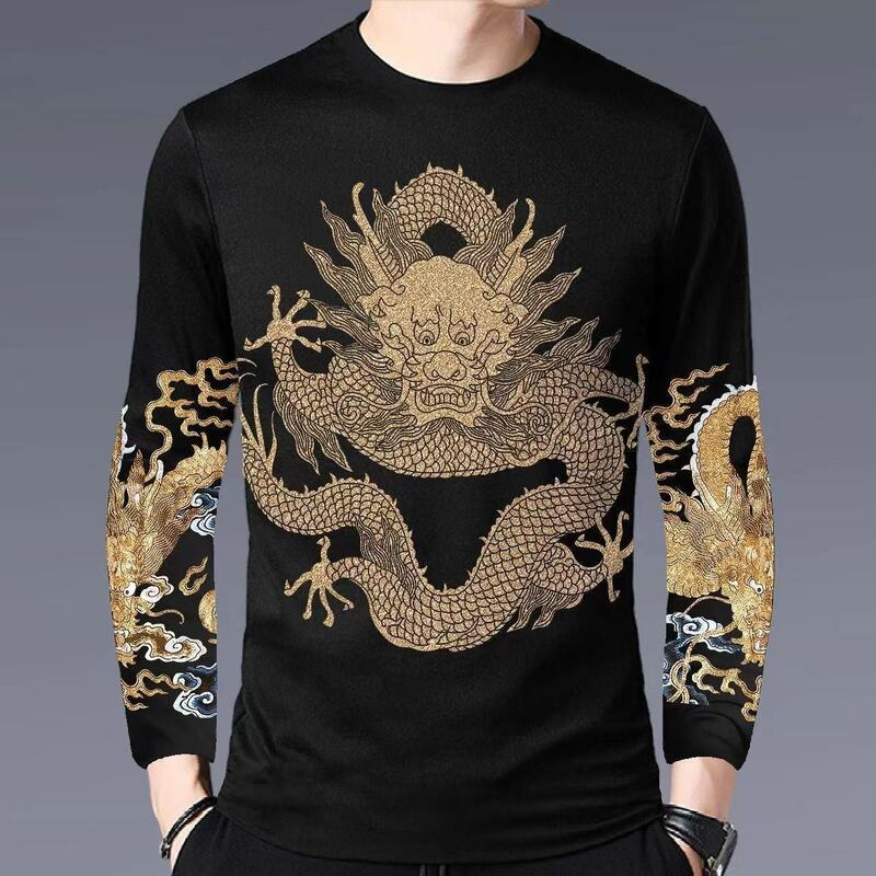 Moletom masculino com gola redonda do ano dragão chinês, camisa base masculina, suéter da moda primavera e outono, casaco da sorte, 2024