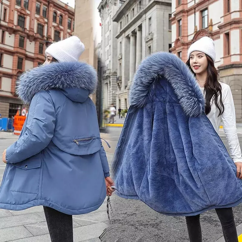 Chaqueta con capucha para mujer, Parka informal con forro de piel, acolchada de algodón, cálida, novedad de 2023