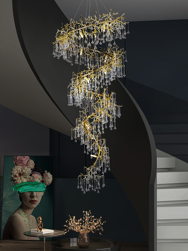 Luz colgante de cristal de lujo, rama de aluminio creativa, Vestíbulo de Hotel, edificio dúplex, Villa, escalera, nuevo, 2024