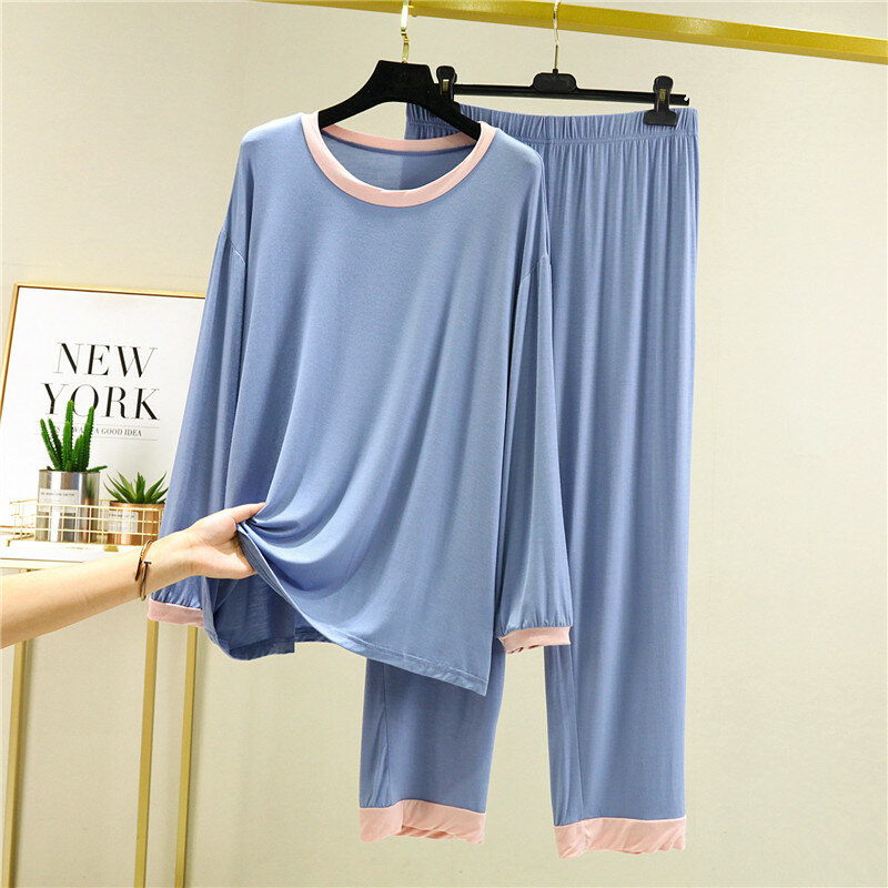 Fdfklak-Pijama de manga larga para mujer, ropa de dormir de Color de contraste, traje informal, Modal, para el hogar, primavera y otoño