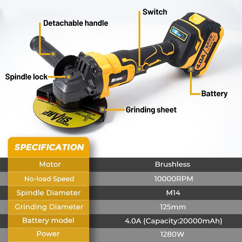 BABEQ M14/125MM Electric Angle Grinder 3 Speed Brushless Grinder Cutting Machine with Accessories for Polisher Woodworking Tools