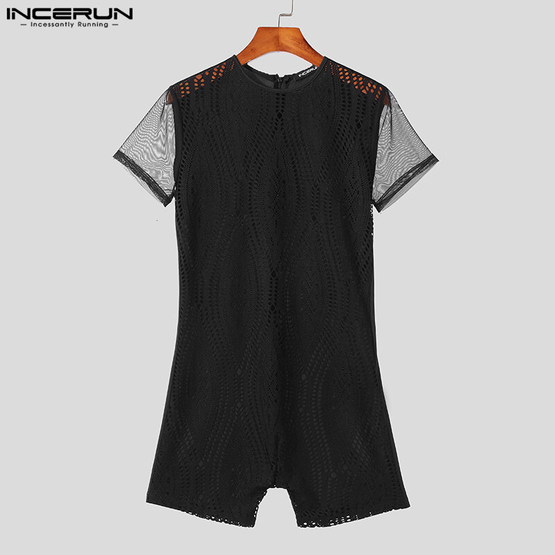 INCERUN 2024 American Style Men's O-neck Rompers Fashion Perspective Lace Patchwork Bodysuits Sexy Short Sleeved Jumpsuits S-3XL