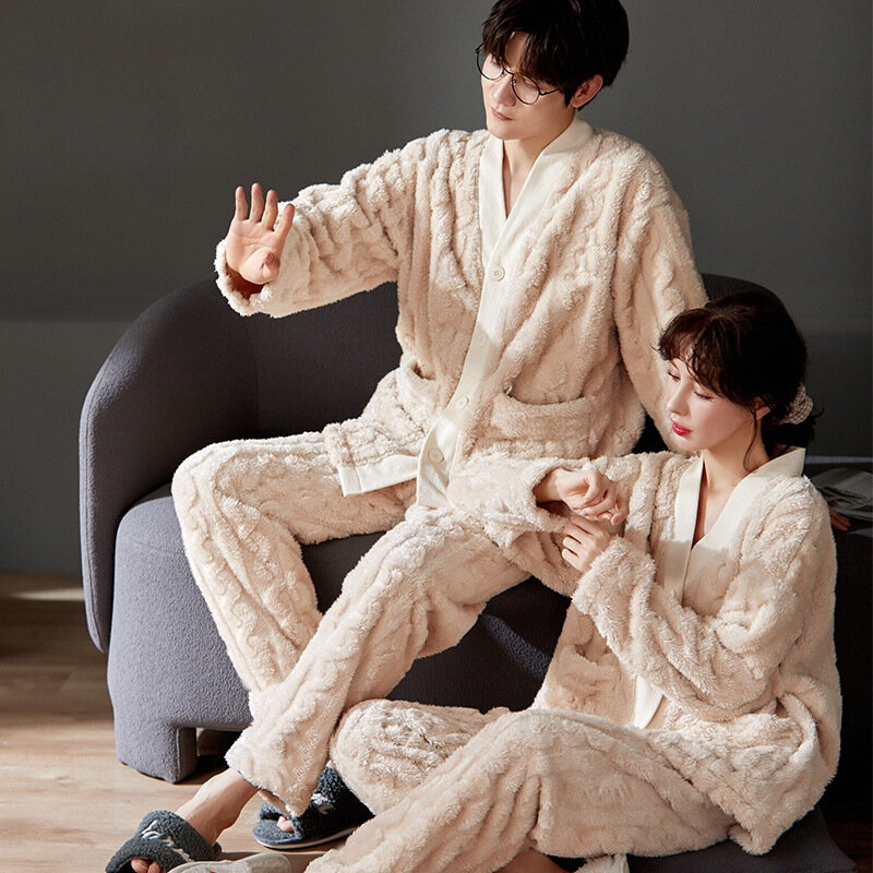 2022 flanell Nachtwäsche Neue Frauen Männer Winter Warme Fleece Paare Pyjamas Set Liebhaber Nachthemd Kimono Pijamas Hause Kleidung