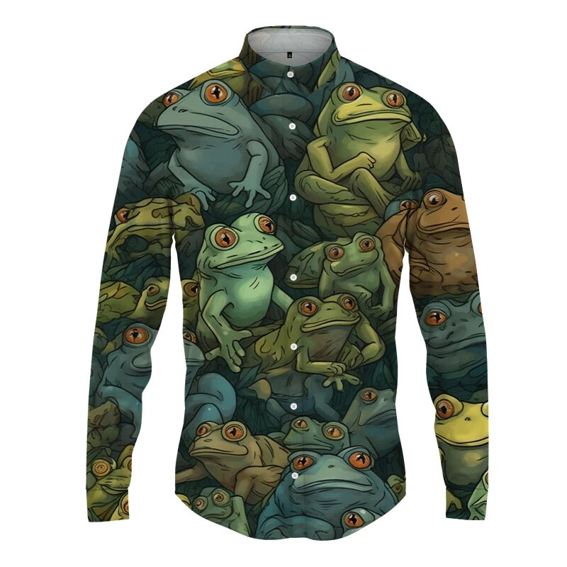 Chemises à manches longues avec impression 3D de grenouille drôle pour hommes, t-shirt graphique Animel, vêtements à la mode, chemise longue à revers, chemise boutonnée, haut, zones me