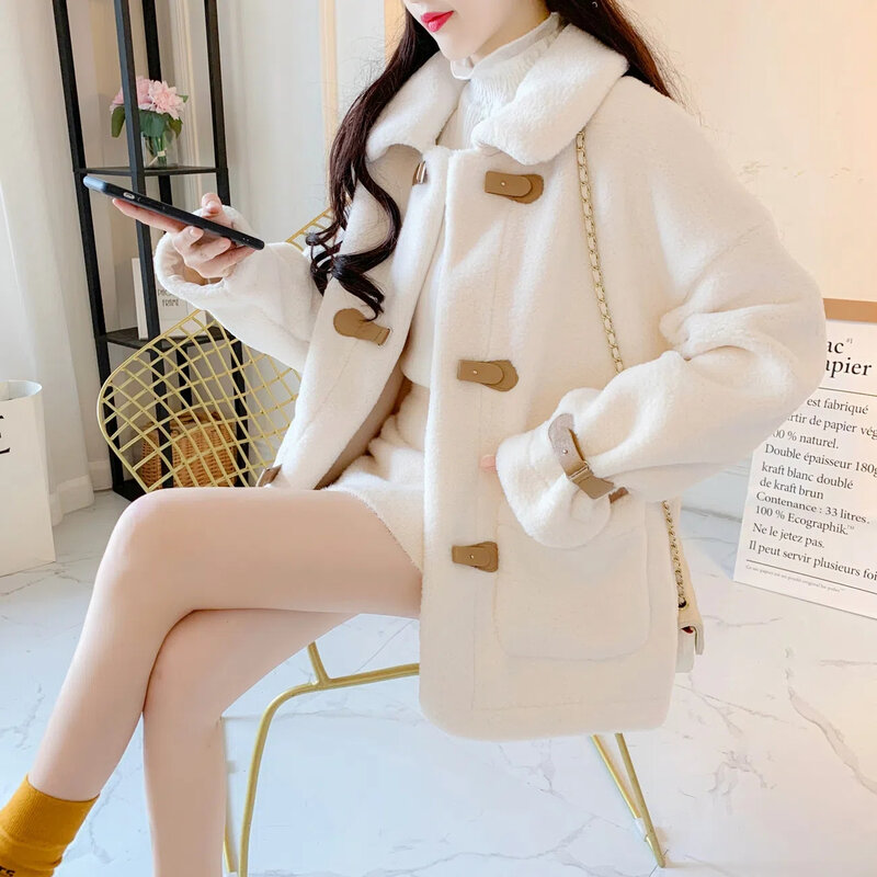 Jaket domba wanita Korea musim gugur musim dingin, mantel hangat satu jaket bulu tebal longgar satu jaket musim gugur musim dingin 2024