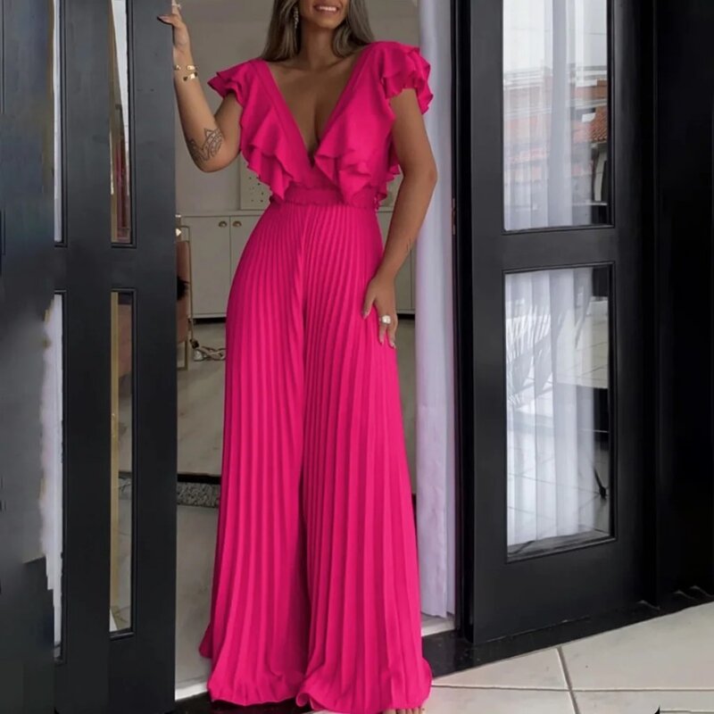 Elegant Pleated Jumpsuits & Rompers for Women V Neck Ruffles High Waisted Loose Floor Length Luxury Female Birthday Party Romper