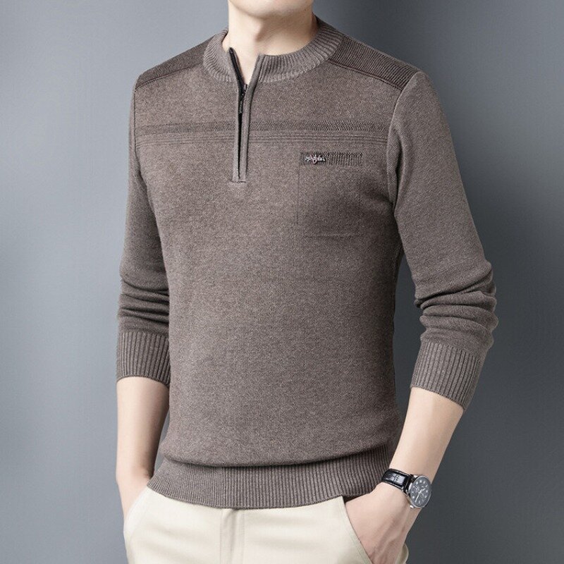 Новинка 2023, мужской модный Повседневный пуловер на молнии с круглым вырезом, однотонный мужской свитер, вязаная одежда