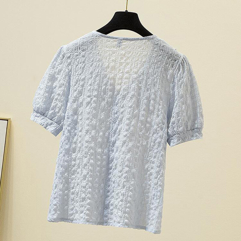 女性用半袖カジュアルサマーブラウス,襟付きレディースボタンシャツ,フランスのファッションデザイン,ラージサイズ,2022