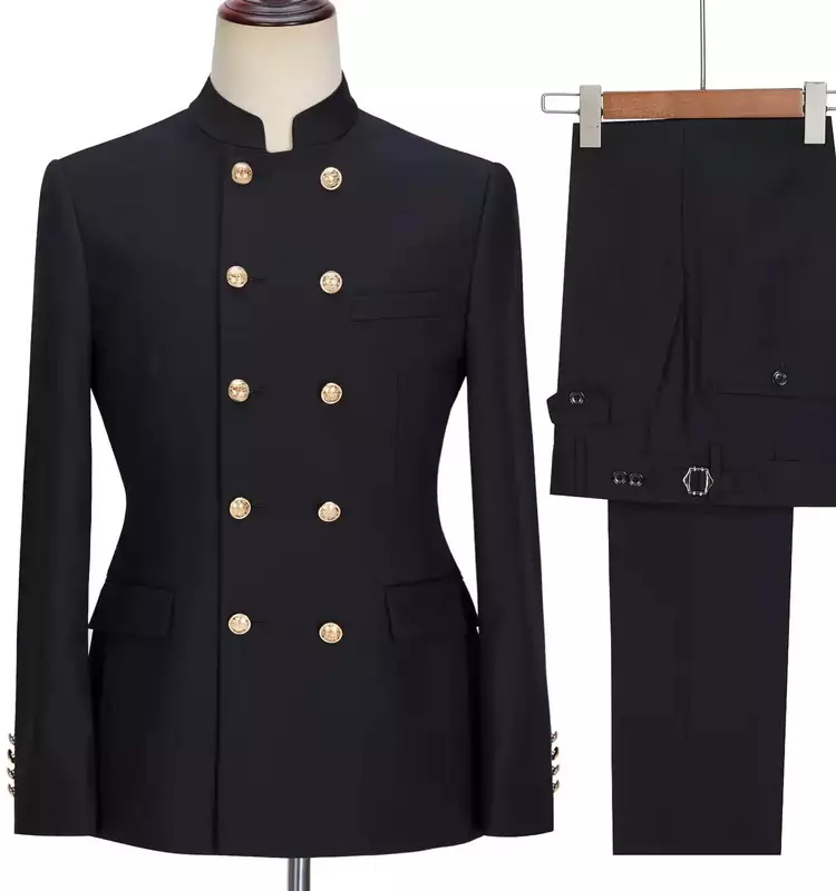 Conjunto de trajes de algodón negro para hombre, chaqueta de 2 piezas + Pantalones para novio, esmoquin de boda, soporte de solapa, abrigo de doble botonadura, chaqueta hecha a medida