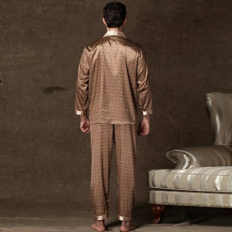 Mens Stain Silk Pajama Sets Pajamas Men Sleepwear Printed Silk Nightgown Home Male Satin Soft Cozy Sleeping Pajamas
