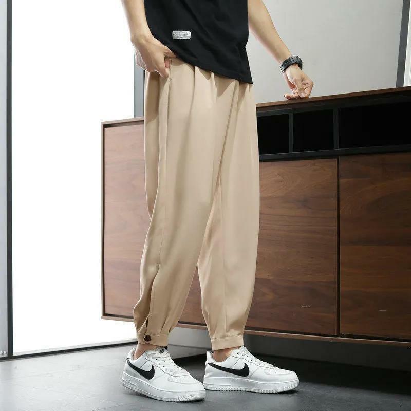 2024 New Summer Minimalist Fashion Casual Sporty Style with Elastic Waist Pockets and Draped Ice Silk Solid Color Harlan Pants