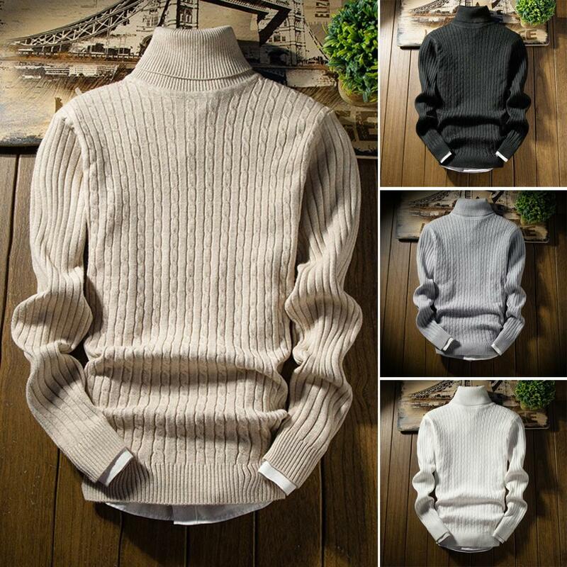 Men Winter Sweater High Collar Neck Protection Male Knitwear Solid Color Elastic Knitted Top Casual Anti-pilling Fall Sweater