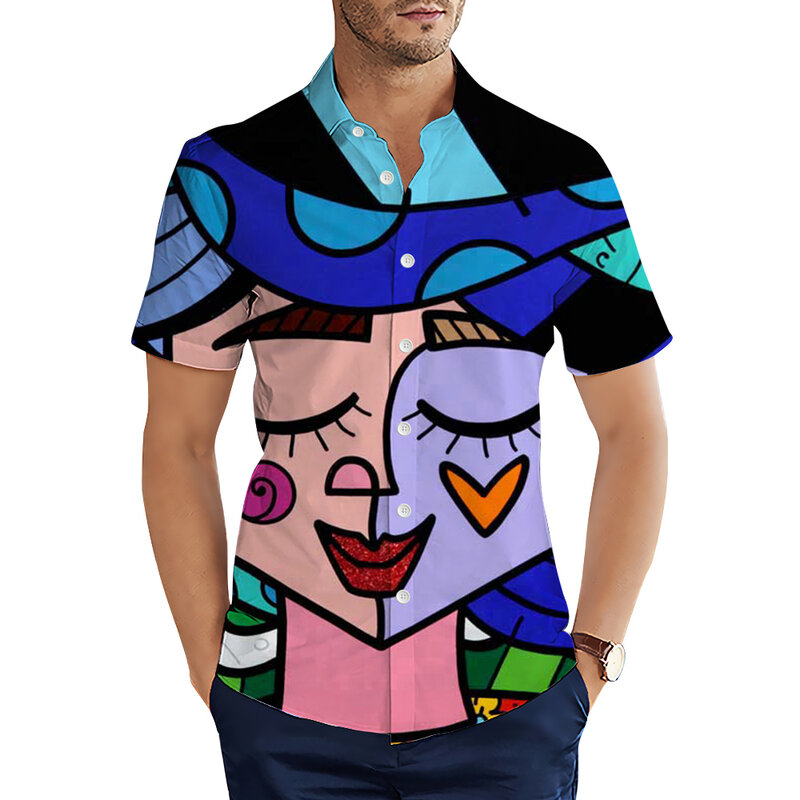 HX 패션 남성 셔츠, 일러스트 아트 스플라이싱, 3D 프린트 캐주얼 셔츠, 여름 반팔 셔츠, 남성 의류