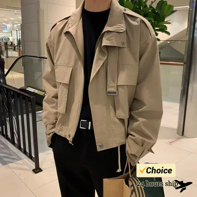 Chaquetas de estilo coreano para hombre, abrigo de carga Retro con cuello vuelto, bolsillos sólidos, chaqueta de temperamento de invierno, 2024