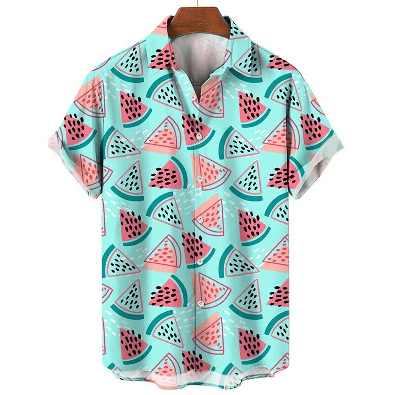 Camisas havaianas estampadas com frutas tropicais masculinas, blusa casual extragrande, manga curta, moda praia, roupas femininas, verão