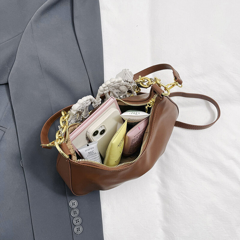 Золотая плотная сумка на плечо с цепочкой для женщин, новинка весны 2024, дизайнерская сумочка под подмышку, кошелек в стиле панк, сумка через плечо с ручным дизайном, Хобо