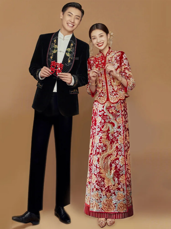 فستان زفاف صيني مطرز للنساء ، ياقة الماندرين ، شيونغسام ، ملابس التوست ، عنقاء التنين