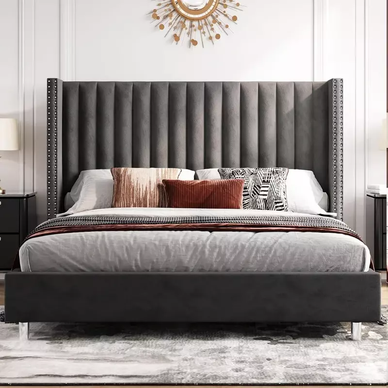 Bed Frame, Tufted Velvet with Vertical Channels, No Springs Needed, Easy To Assemble, Grey, King Size Bed Frame
