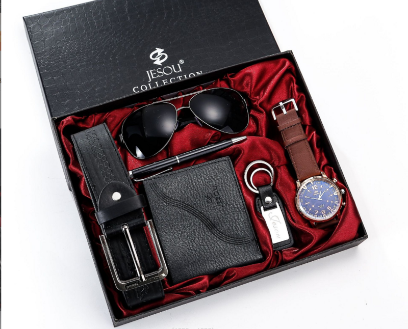 ชุดของขวัญสำหรับผู้ชายบรรจุนาฬิกาอย่างสวยงาม + ชุด set-6pcs/ชุดผสมผสานที่เรียบง่ายและกระเป๋าสตางค์คาดเข็มขัด