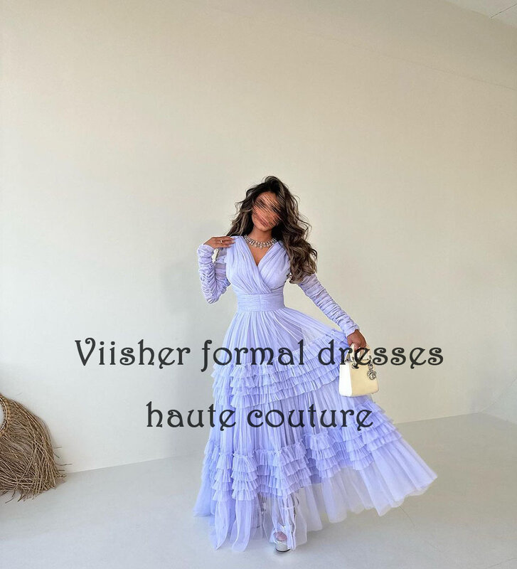 Viisher Light Lavender Tulle Evening Dresses Long Sleeve V Neck A Line Formal Prom Dress Floor Length Arabic Party Gowns