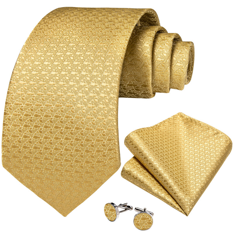 Corbatas de seda a cuadros doradas para hombres, alta calidad, 160cm, accesorios de negocios para fiesta de boda, conjunto de corbata, pañuelo, gemelos