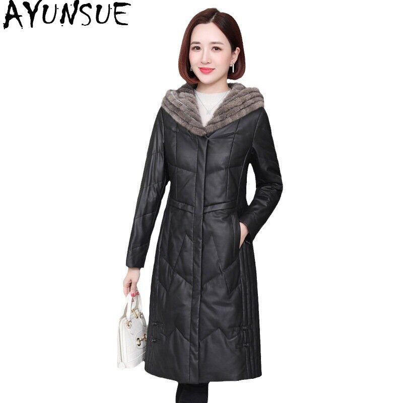 AYUNSUE-Doudoune en cuir de mouton véritable pour femme, manteau en duvet de canard blanc, col en fourrure de vison à capuche mi-long, automne et hiver 2023