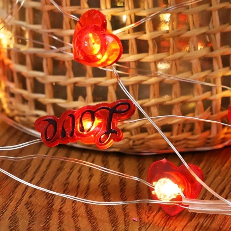 LED Red Heart String Light, Alimentado por Bateria, Dia dos Namorados, Lâmpadas, Guirlanda, Casamento, Festa, Feriado, Decoração de Casa, Exterior, 2m