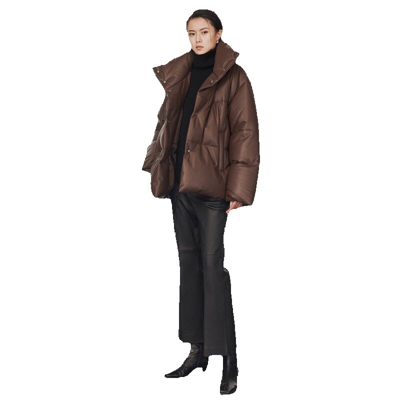 Jaket kulit domba asli wanita, jaket pas longgar kulit domba gaya Pendek musim baru kerah berdiri