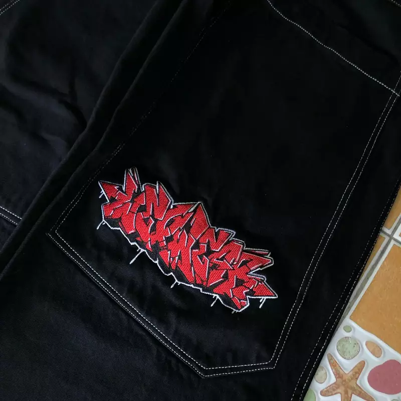 Jeans grandes de bolsos grandes para homens e mulheres, streetwear Harajuku, calça hip-hop, padrão de letras, solto, cintura alta, largo, Y2K