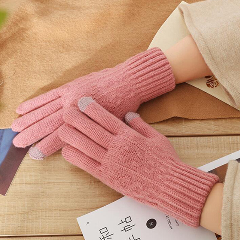 Luvas de tela sensível ao toque de dedo feminino, quente, velo, espessamento, lã, malha, ciclismo, dirigindo, inverno