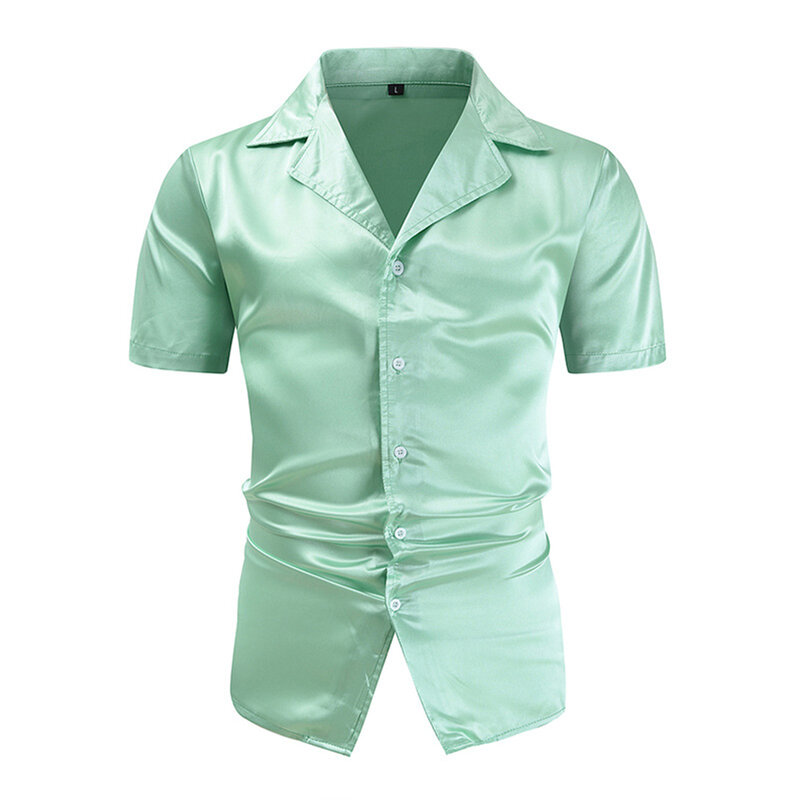Camisa de colarinhos de botão masculino, camisa lustrosa, manga curta regular, cor sólida, virada para baixo, moda confortável, quente, novo estilo, verão