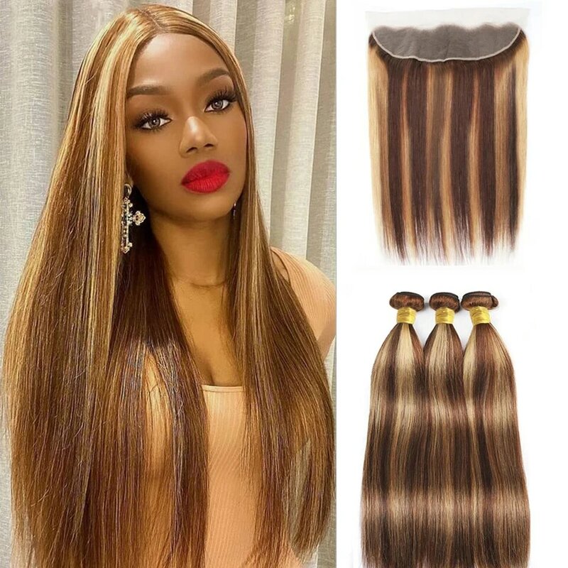 P4 27 Highlight Bundles With Frontal 13X4 p4/27 Straight Bundles With Frontal Free Part Brazilian Human Hair Bundle With Frontal