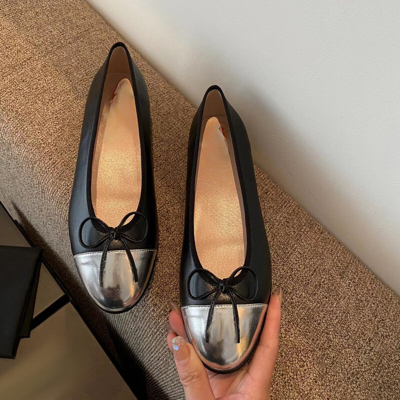 Sepatu tunggal Bowknot sol datar sepatu untuk wanita sepatu empat musim kulit asli ujung bulat sepatu dansa balet mulut rendah