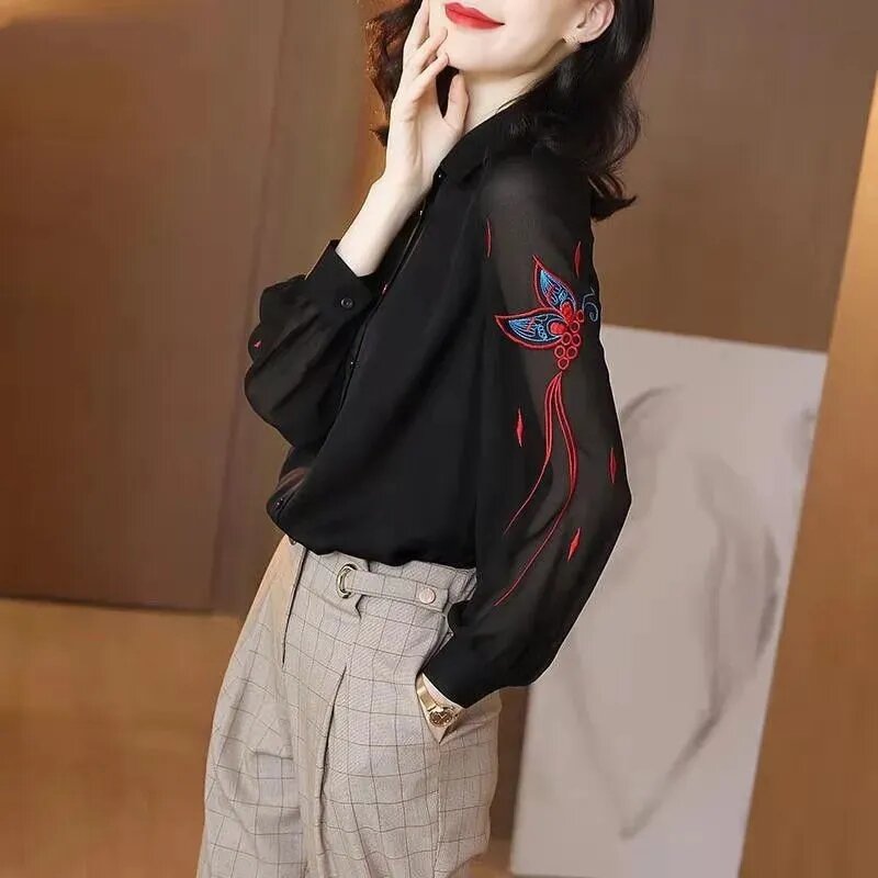 Black Chiffon Embroidered Shirt For Women's Spring Autumn 2024 New Long Sleeved Loose Cardigan Blouse Thin Female Shirts Tops