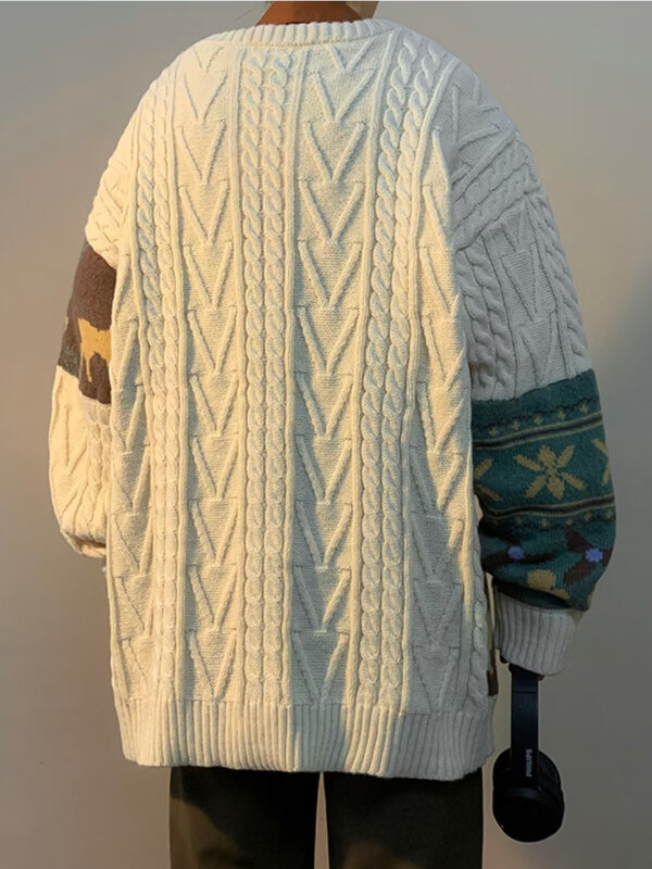 Swetry w stylu Vintage męskie zimowe geometryczne panele elegancka dzianina luźne teksturowane amerykańskie nastolatki estetyczne pary Chiristmas