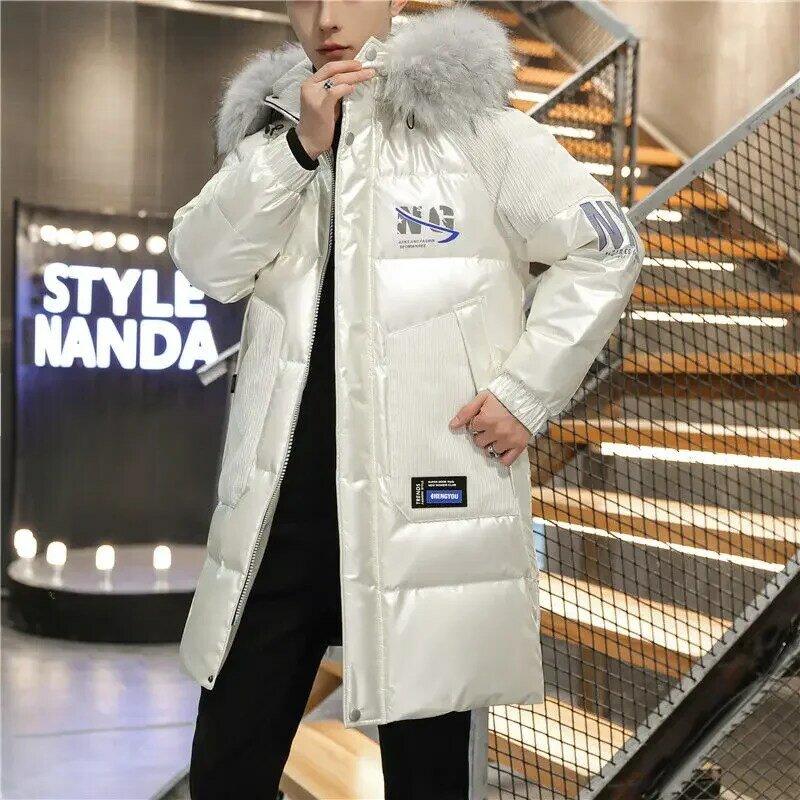 Jaqueta masculina acolchoada de algodão de comprimento médio, parka de couro brilhante da moda com capuz, outwear casual masculino, tamanho grande, nova, inverno