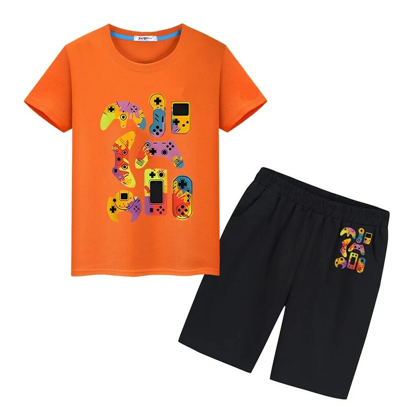 Meninos e Meninas Gamepad Impressão T-Shirt e Shorts Set, 100% Algodão, Roupas de Verão, Conjuntos Esportivos, Tees Bonitos, Tops Kawaii, Kid Holiday Gift
