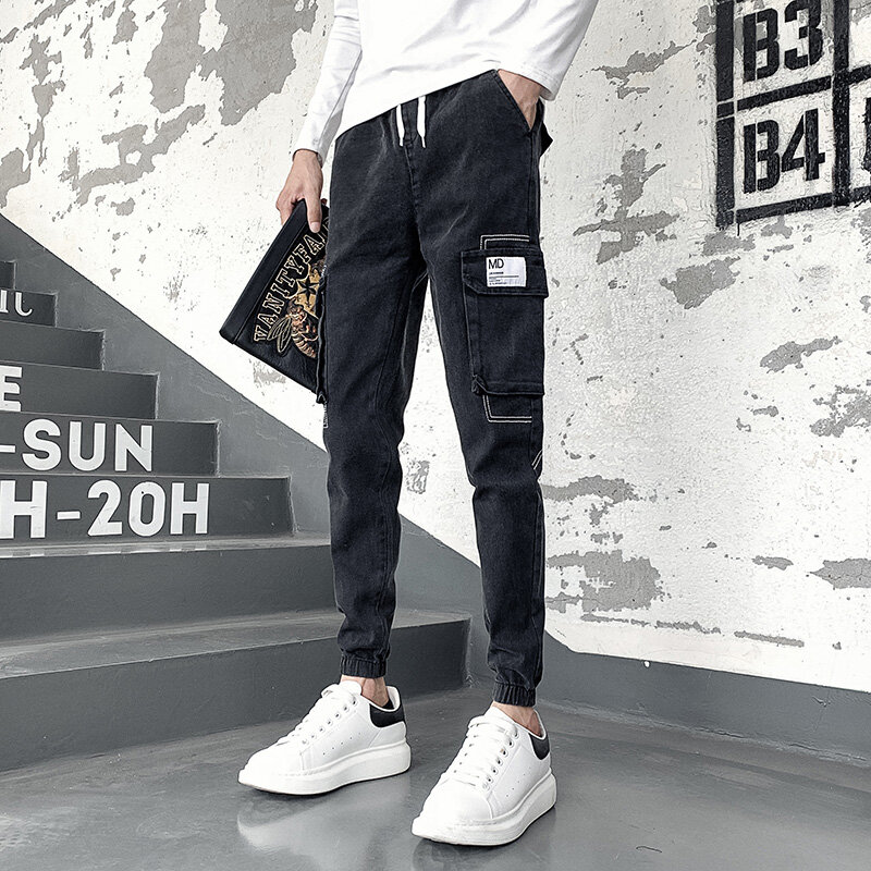 Pantalones Hombre Jeans primaverili per uomo abbigliamento di lusso coreano moda tasche laterali pantaloni Cargo pantaloni da jogging in Denim Slim Fit