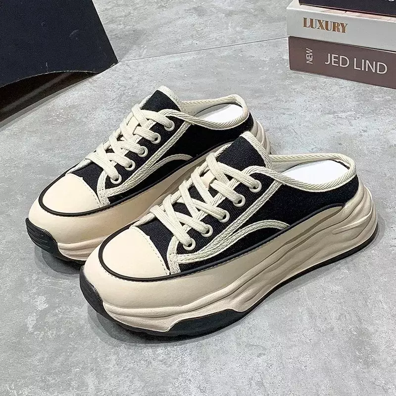 Pantofel damski 2024 lato nowy Trend Baotou klapki odzież wierzchnia wszechstronny swobodna koronka płócienny pantofel buty na platformie