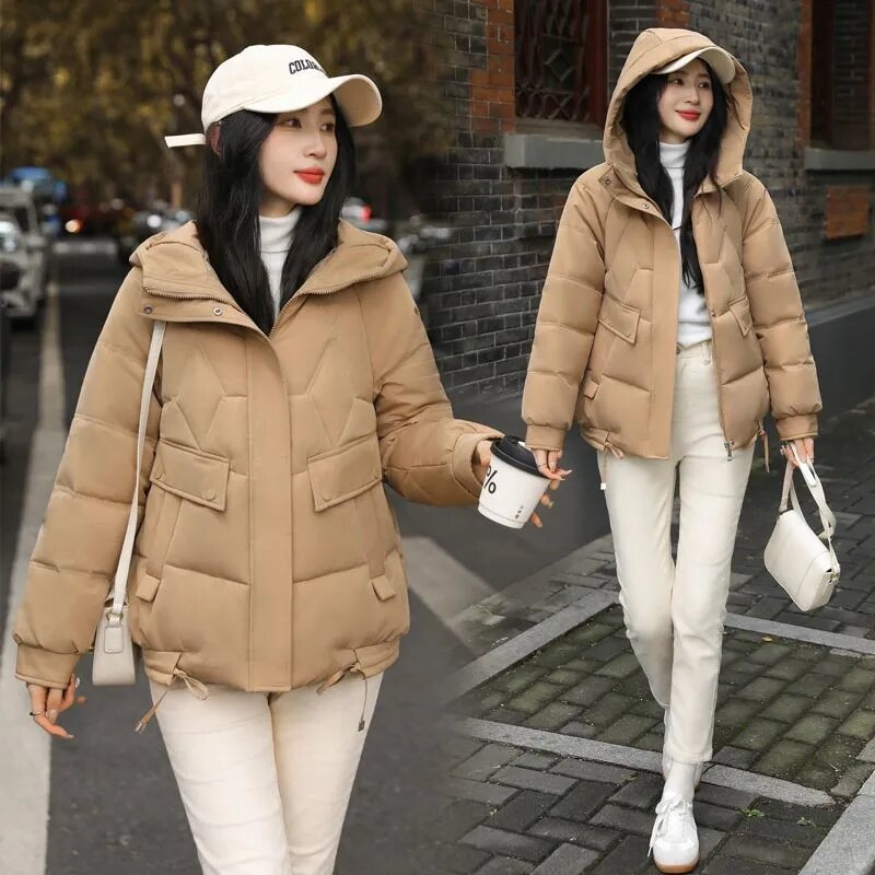 Jaqueta feminina acolchoada em algodão, casaco solto com capuz, outwear curto, grosso e quente, moda coreana, inverno, novo, 2024